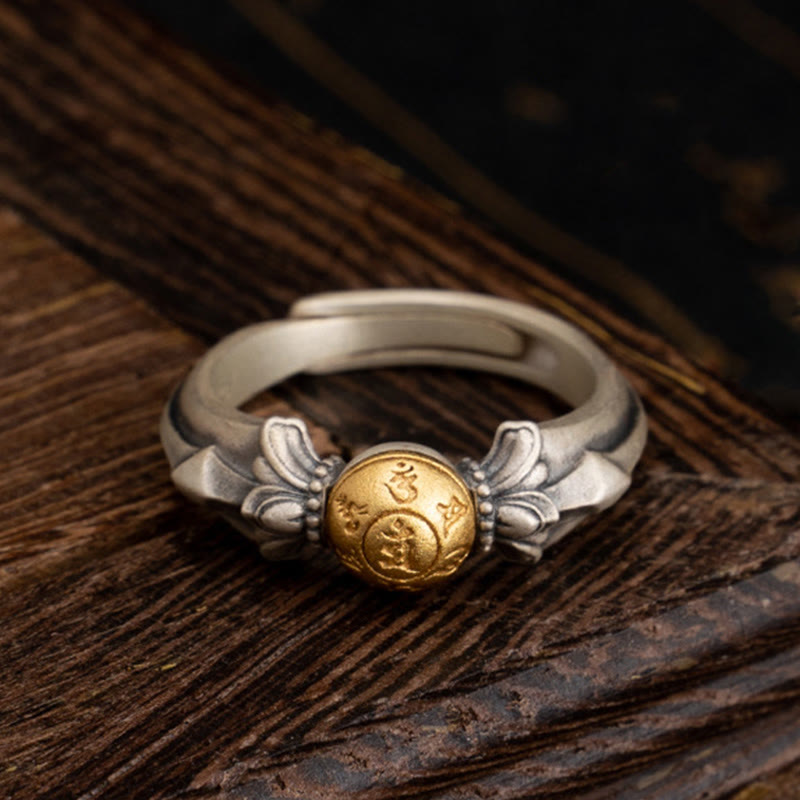 Wear FengShui 925 Sterling Silver Manjusri Mantra Om Mani Padme Hum Peace Adjustable Ring