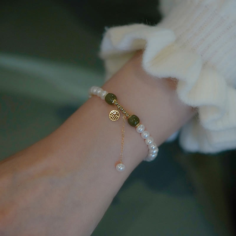 Wear FengShui Natural Pearl Hetian Jade Happiness Wisdom Bead Bracelet