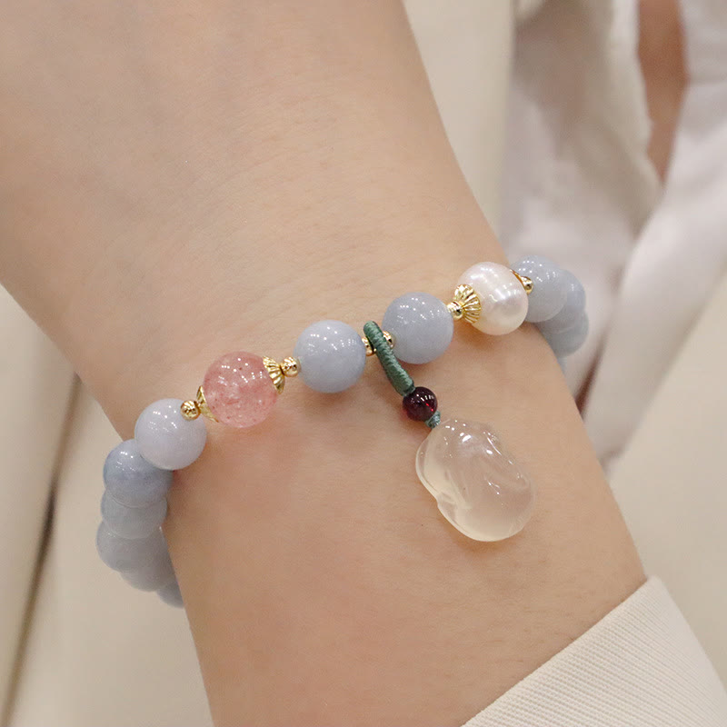 Wear FengShui Natural Aquamarine Chalcedony Serenity Rabbit Gourd Cat Charm Bracelet