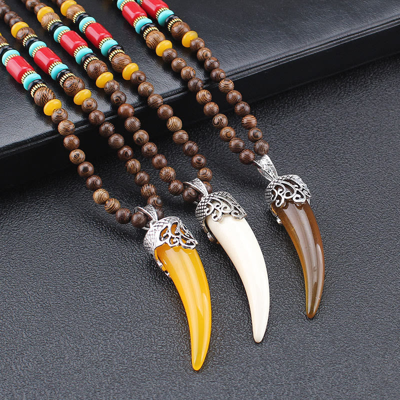 Wear FengShui Wenge Wood Turquoise Stone Horn Style Protection Meditation Necklace Pendant