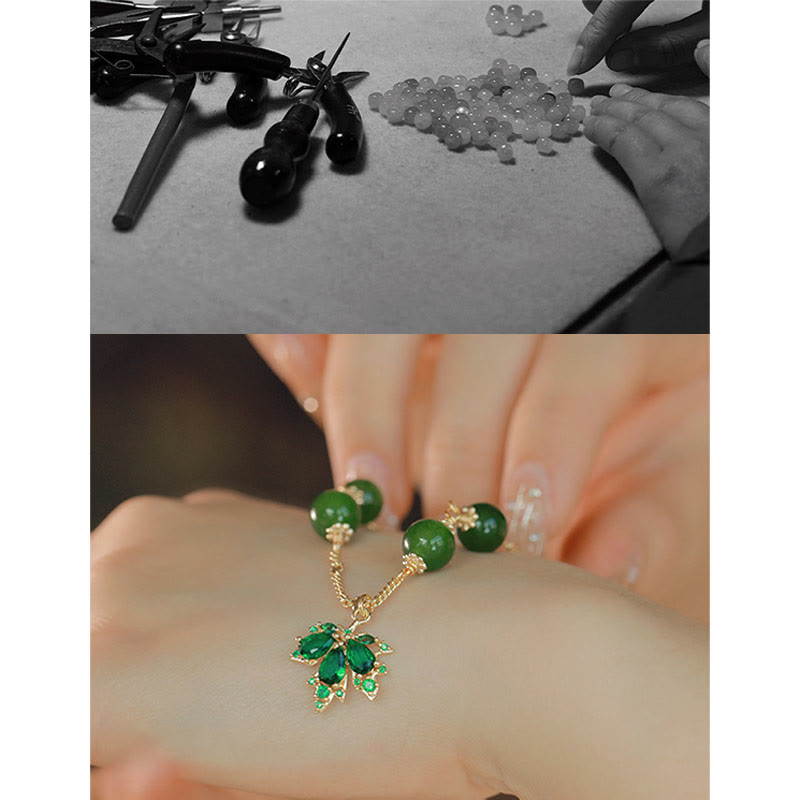 Wear FengShui 14k Gold Plated Green Chalcedony Maple Leaf Courage Strength Bracelet