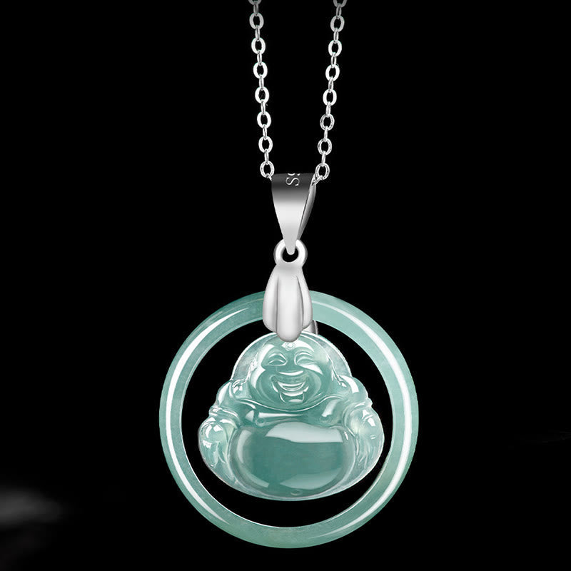 Wear FengShui Natural Jade Round Laughing Buddha Abundance Titanium Steel Chain Necklace Pendant