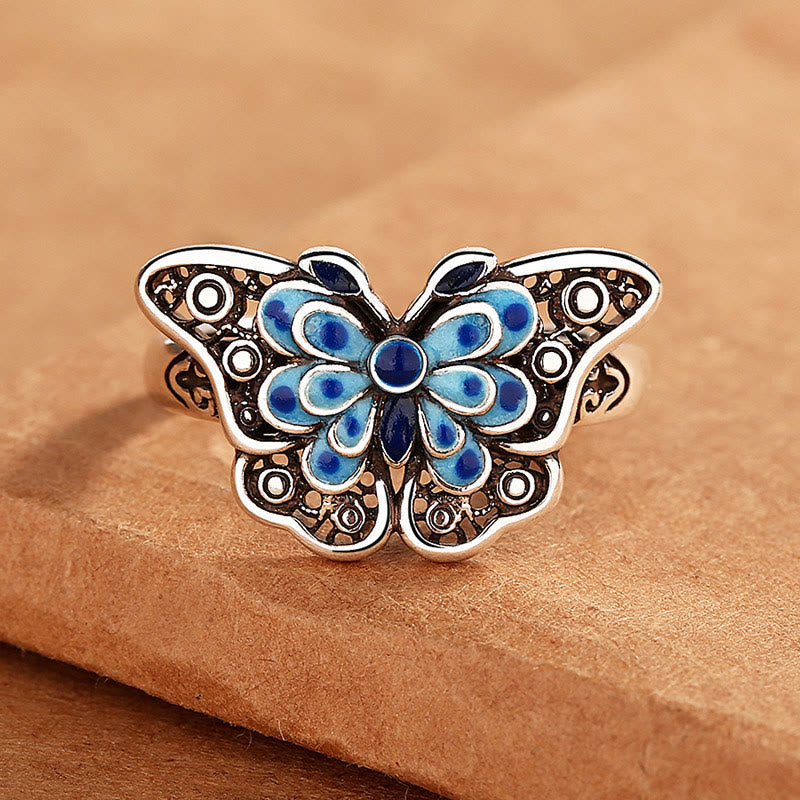 Wear FengShui Hollow Enamel Blue Butterfly Pattern Love Ring