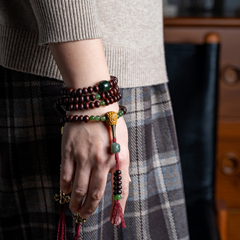 Wear FengShui Natural Tibet 108 Mala Beads Purple Bodhi Seed Hetian Cyan Jade Copper Dorje Peace Bracelet