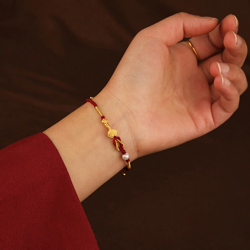 Wear FengShui 24K Gold Wish Ruyi Handle Fu Character Rabbit Pearl Luck Braided Bracelet