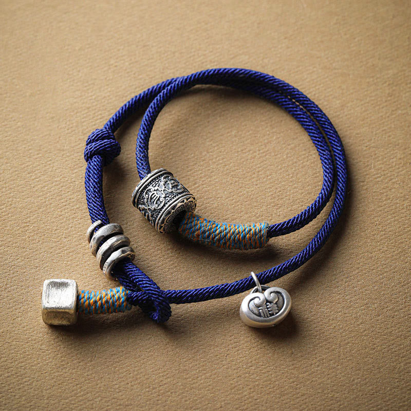 Wear FengShui Handmade Tibetan Om Mani Padme Hum Carved Auspicious Amulet Double Wrap Rope Bracelet