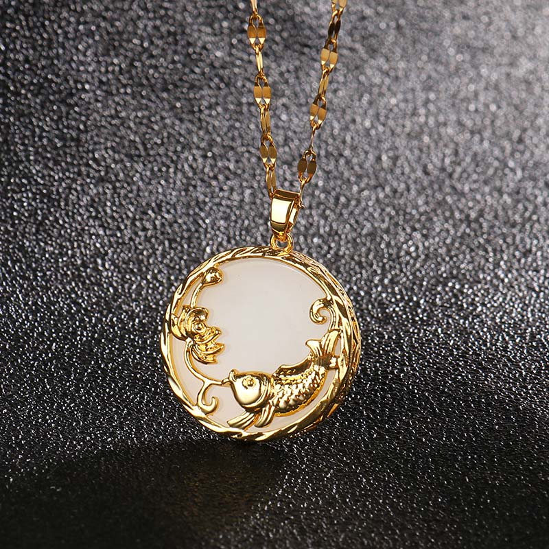 Wear FengShui Natural Jade Koi Fish Lotus Luck Necklace Pendant