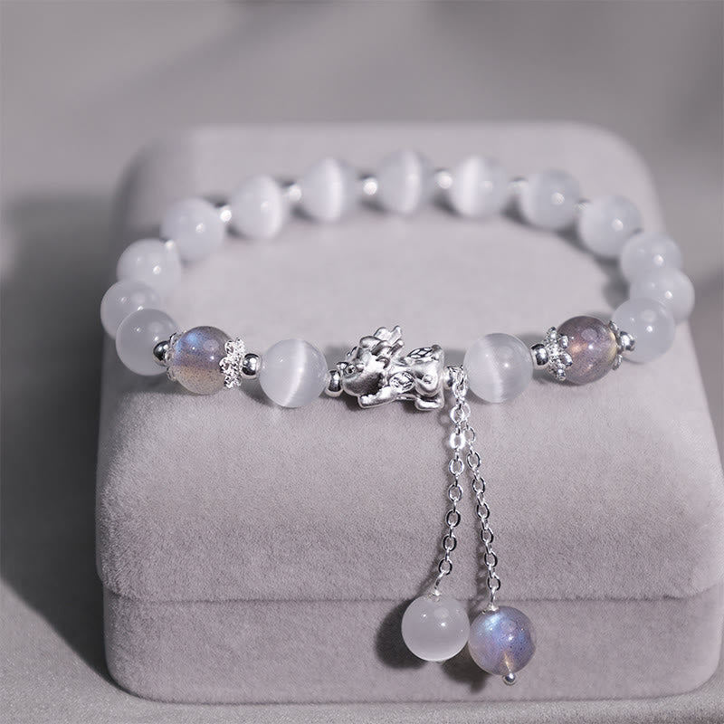 Wear FengShui Natural Cat's Eye Moonstone Strawberry Quartz PiXiu Support Bracelet