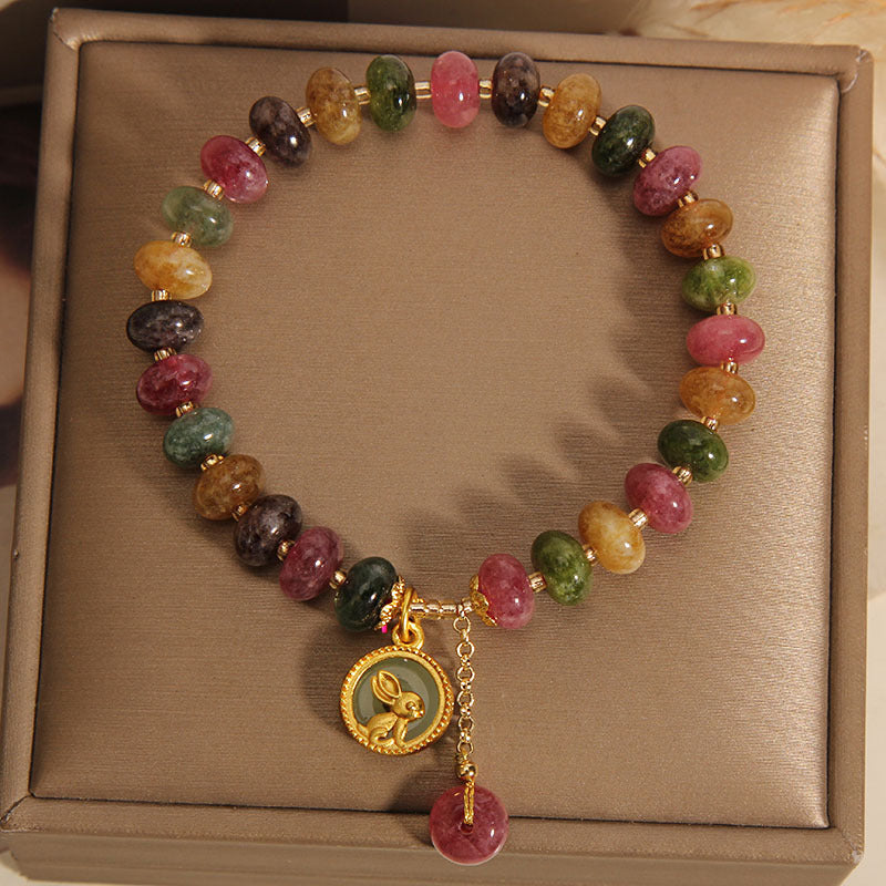 Wear FengShui Natural Colorful Tourmaline Cute Rabbit Charm Positive Bracelet