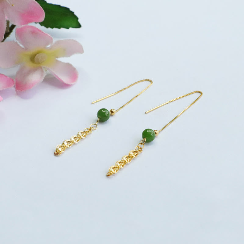 Wear FengShui 925 Sterling Silver Natural Hetian Cyan Jade Bead Luck Phoenix Tail Drop Earrings