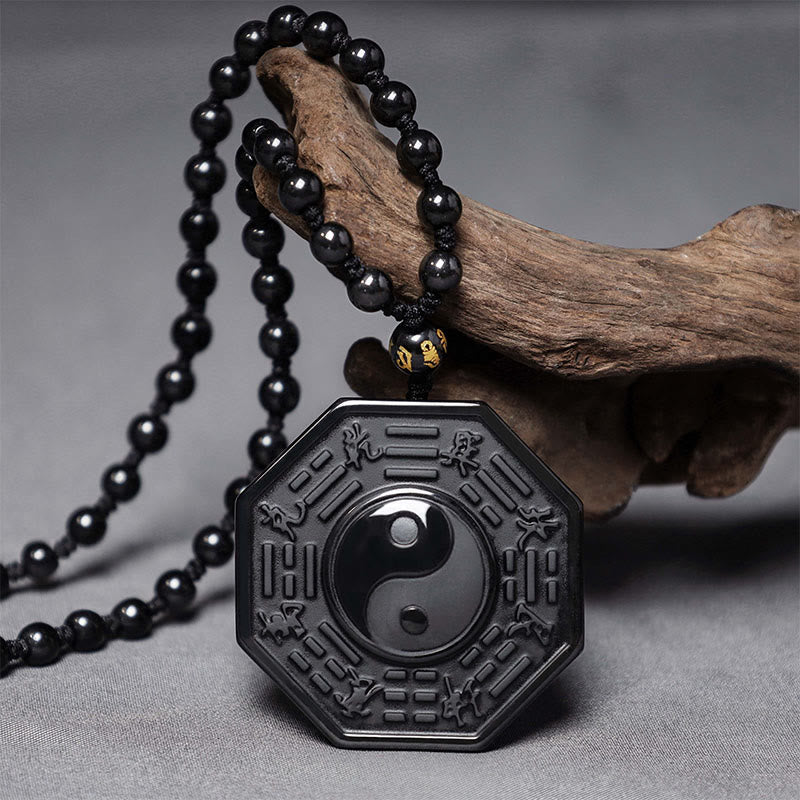 Wear FengShui Black Obsidian Stone Yin Yang Pendant Necklace