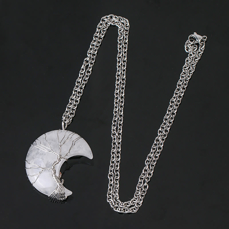 Wear FengShui Natural Quartz Crystal Moon Tree Of Life Healing Energy Necklace Pendant
