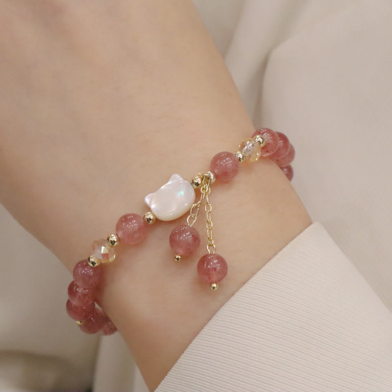 Wear FengShui Natural Strawberry Quartz Morganite Tridacna Stone Cat Love Bracelet