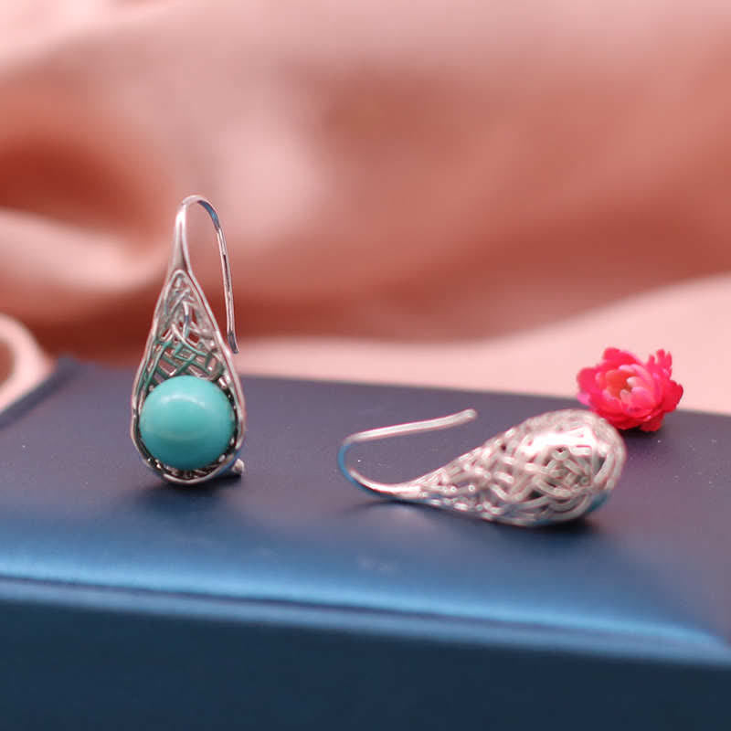 Wear FengShui 925 Sterling Silver Turquoise Beaded Pattern Protection Drop Dangle Earrings