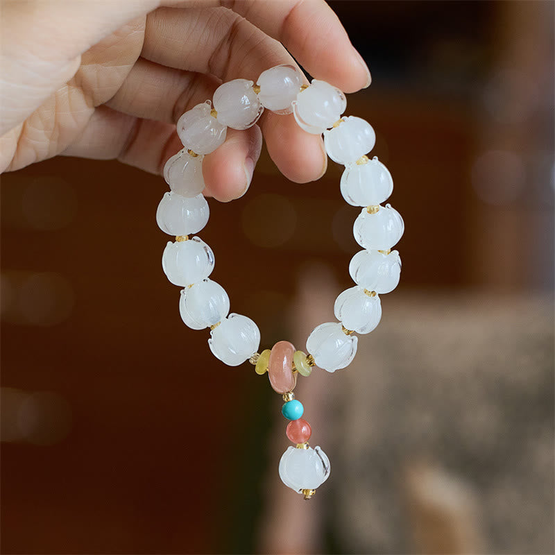 Wear FengShui Liuli Glass Bead Lotus Design Fluorite Ivory Fruit Dancing Lion Charm Enlightenment Bracelet