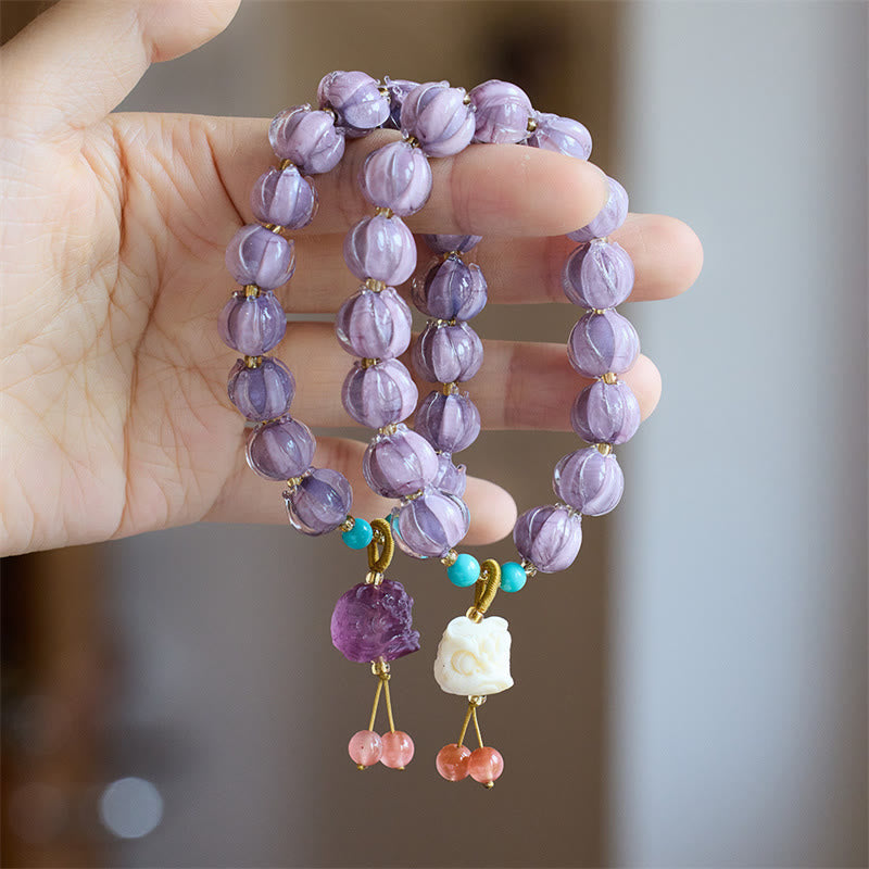 Wear FengShui Liuli Glass Bead Lotus Design Fluorite Ivory Fruit Dancing Lion Charm Enlightenment Bracelet