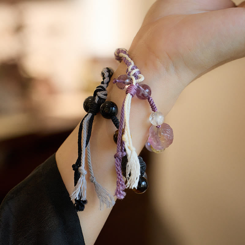 Wear FengShui Natural Fluorite Amethyst Silver Sheen Obsidian Tiger's Eye Protection Rope Bracelet