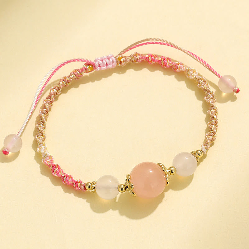 Wear FengShui Strawberry Quartz Pink Crystal Prehnite White Agate Bead Healing Rope Bracelet