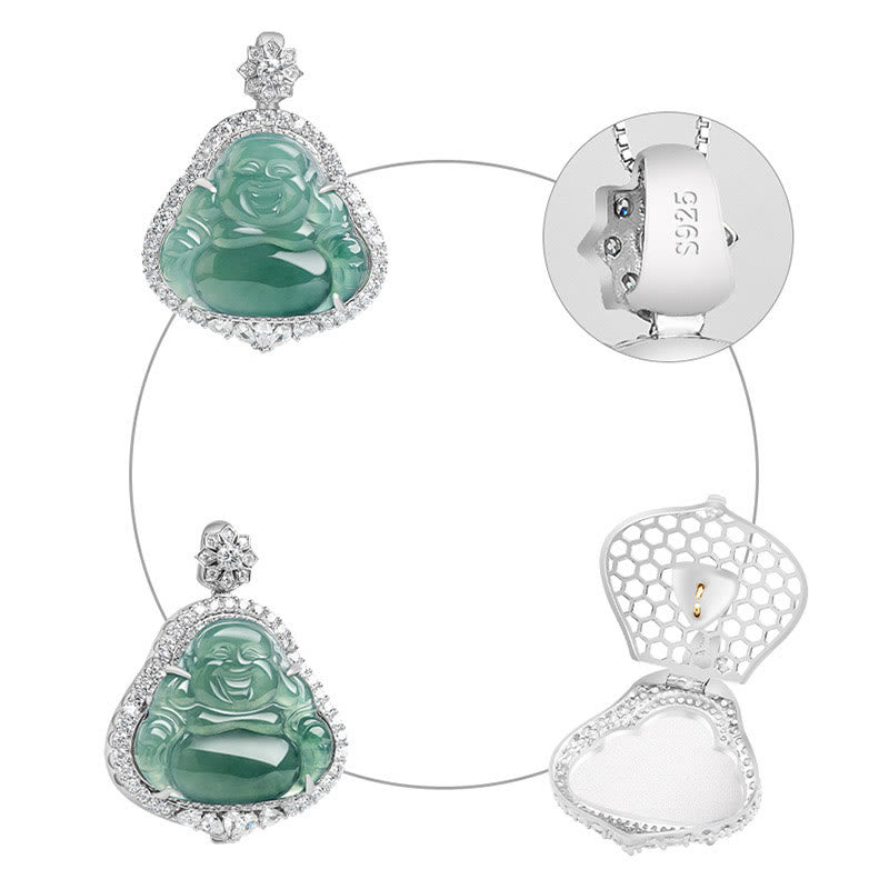 Wear FengShui Laughing Buddha Natural Jade Luck Abundance Titanium Steel Chain Necklace Pendant