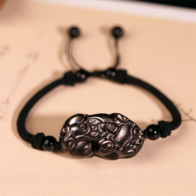 Wear FengShui Natural Obsidian Amethyst Citrine PiXiu Cooper Coin Wealth Bracelet