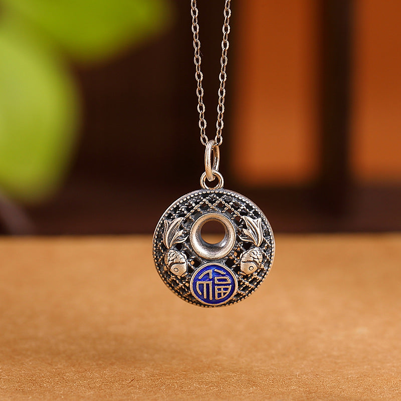 Wear FengShui 999 Sterling Silver Koi Fish Fu Character Lotus Peace Buckle Wealth Necklace Pendant