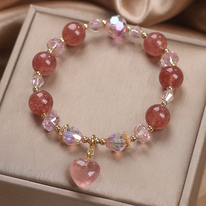 Wear FengShui Natural Strawberry Quartz Crystal Love Heart Healing Positive Bracelet