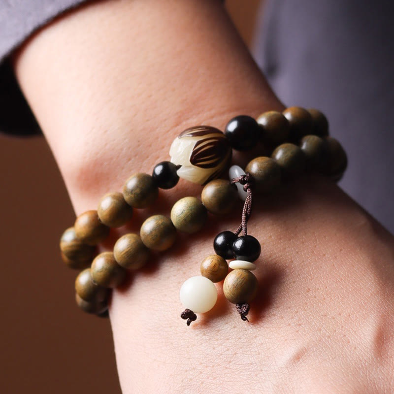 Wear FengShui Green Sandalwood Bodhi Seed Lotus Soothing Double Wrap Bracelet