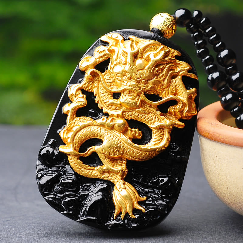 Wear FengShui 18k Gold-plated Dragon Obsidian Lucky Pendant Necklace