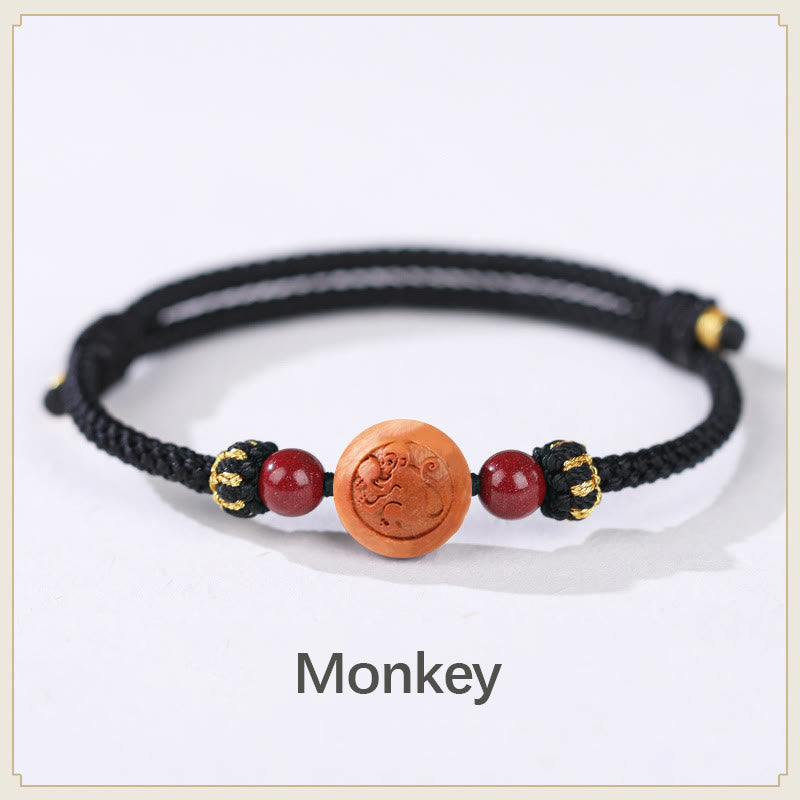Wear FengShui Natural Peach Wood Chinese Zodiac Fu Character Carved Cinnabar Wealth Bracelet