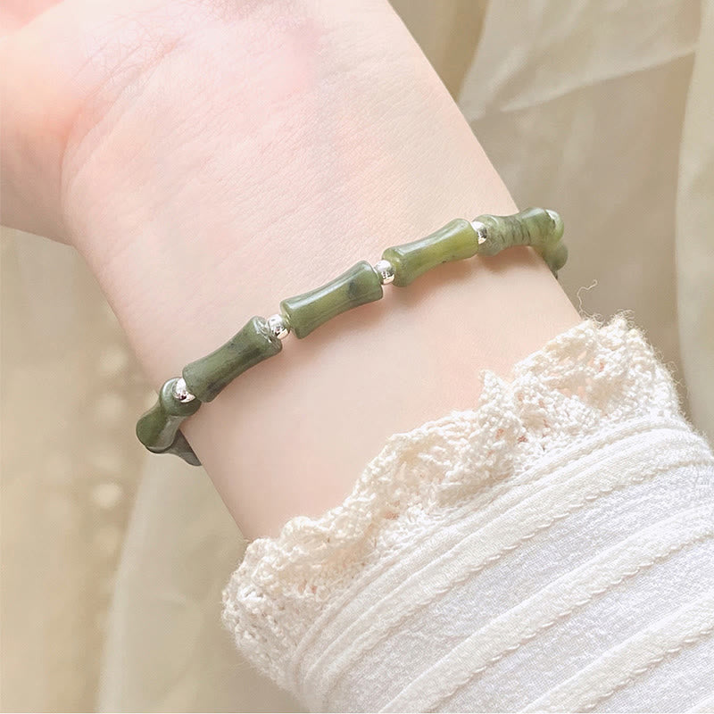 Wear FengShui 925 Sterling Silver Bamboo Jade Lucky Cat Fu Character Luck Abundance Bracelet