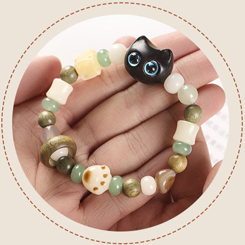 Wear FengShui Bodhi Seed Green Sandalwood Ebony Wood Small Leaf Red Sandalwood Cat Head Paw Claw Peace Bracelet
