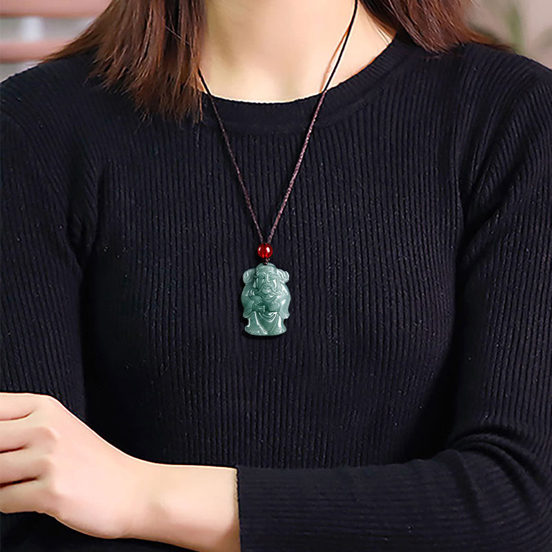 Wear FengShui Natural Green Jade Chinese God of Wealth Caishen Ingot Abundance Necklace Pendant