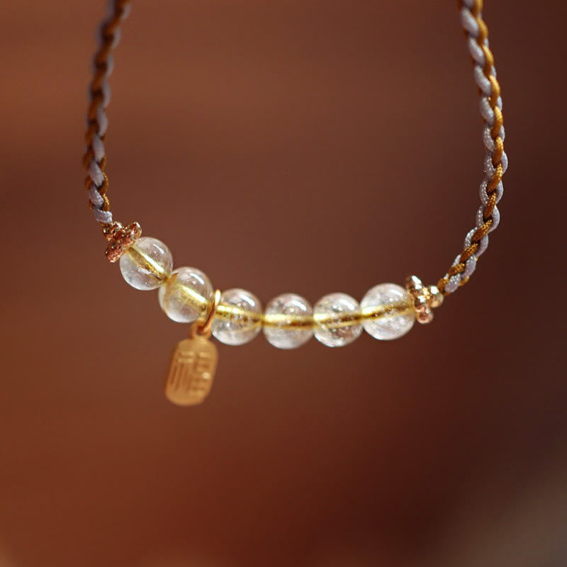 Wear FengShui 925 Sterling Silver Natural Jade Gourd Rutilated Quartz Fu Character Luck Braid Bracelet