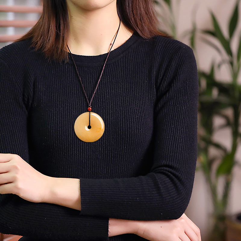 Wear FengShui Round Golden Silk Jade Peace Buckle Wealth Pendant Necklace