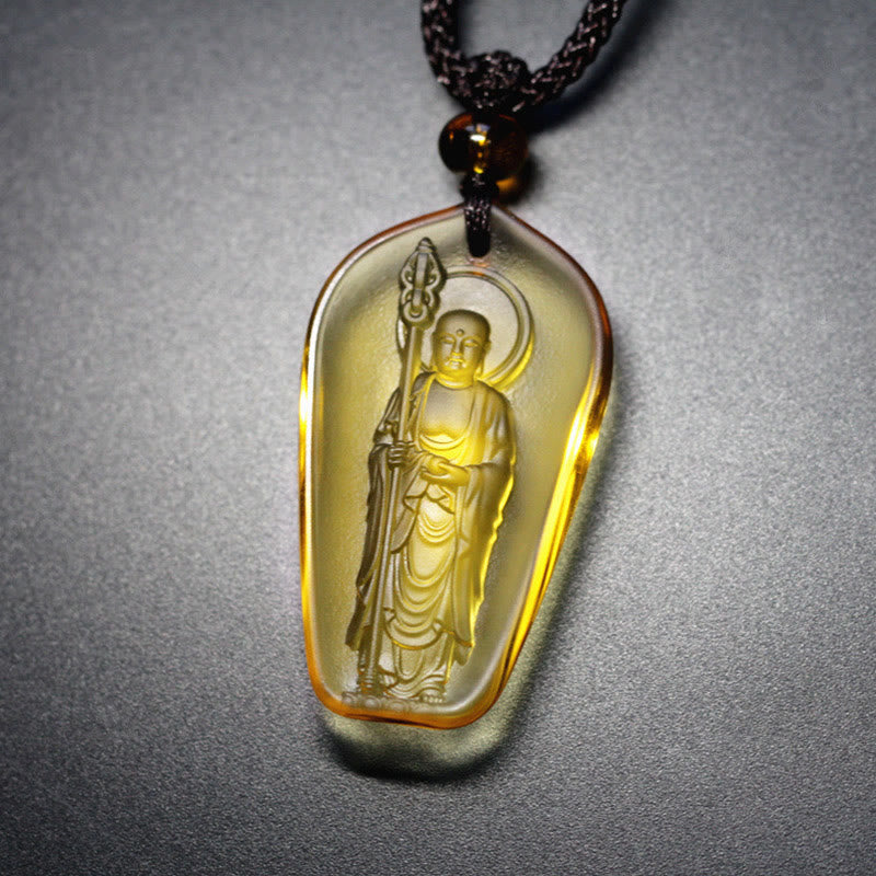 Wear FengShui Ksitigarbha Buddha Liuli Crystal Serenity Amulet Necklace Pendant