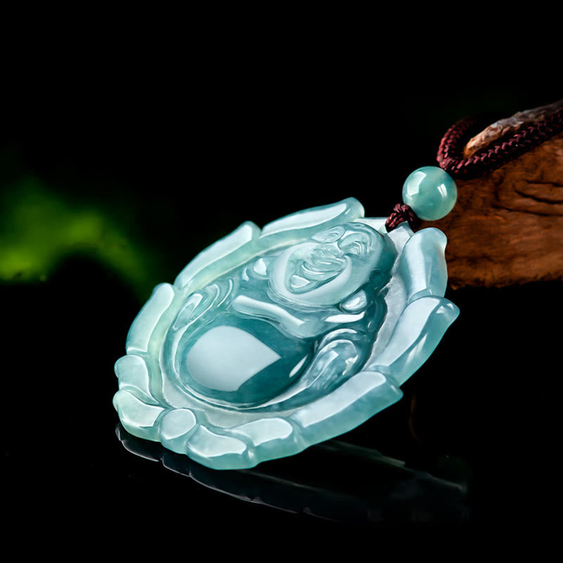 Wear FengShui Natural Jade Laughing Buddha Lotus Pattern Luck Necklace Pendant