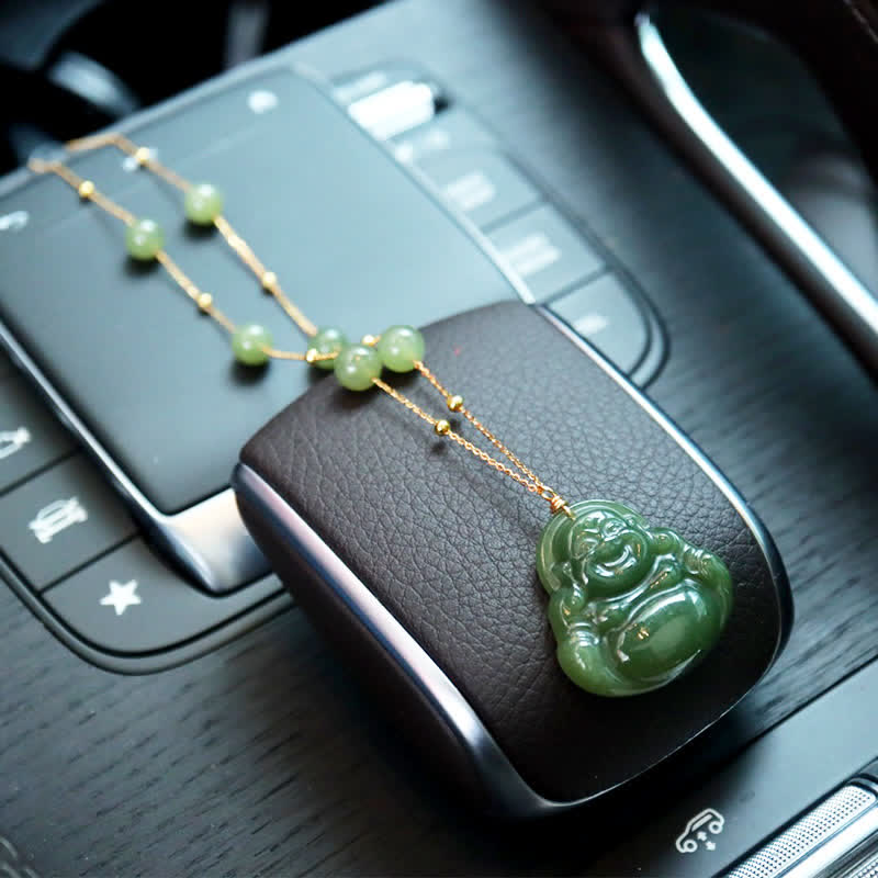 Wear FengShui Laughing Buddha Hetian Jade Luck Necklace Bead Chain Pendant