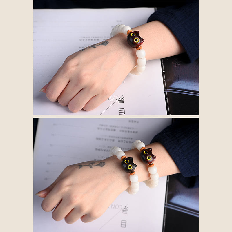 Wear FengShui Natural Bodhi Seed Small Leaf Red Sandalwood Ebony Wood Cute Lucky Cat Wisdom Bracelet