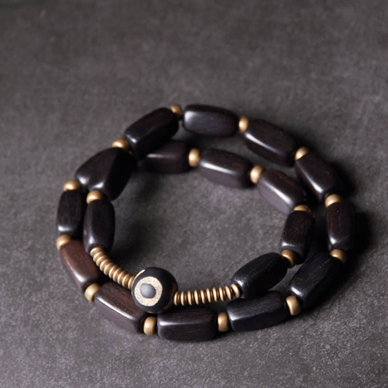 Wear FengShui Tibet Ebony Wood Dzi Bead Copper Balance Double Wrap Bracelet