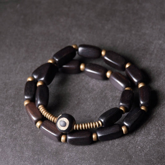 Wear FengShui Tibet Ebony Wood Dzi Bead Copper Balance Double Wrap Bracelet