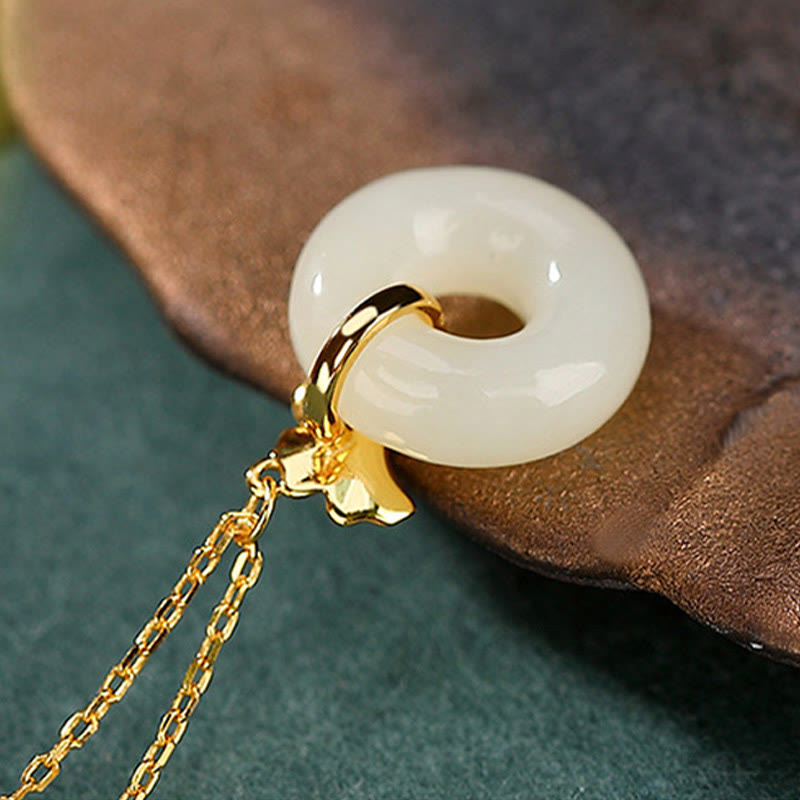 Wear FengShui 925 Sterling Silver Natural Hetian Jade Ginkgo Leaf Peace Buckle Luck Necklace Pendant