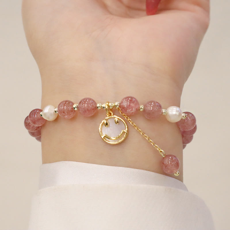 Wear FengShui Strawberry Quartz Pearl Elk Smiley Face Fishtail Fu Character Charm Healing Bracelet