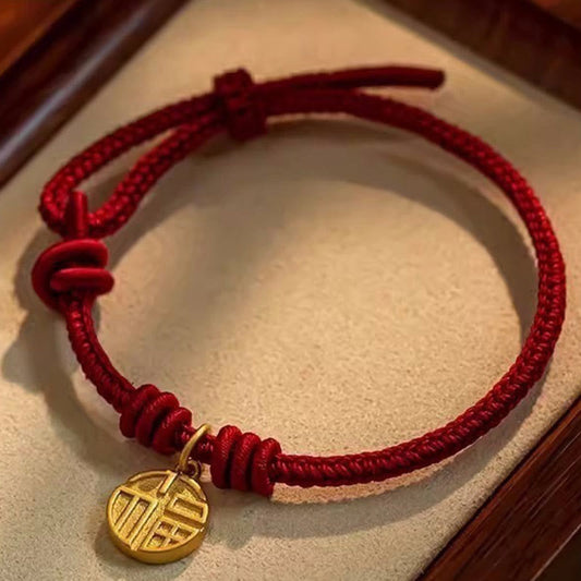 Wear FengShui Handmade Eight Thread Peace Knot Fu Character Charm Luck Happiness Red Rope Bracelet