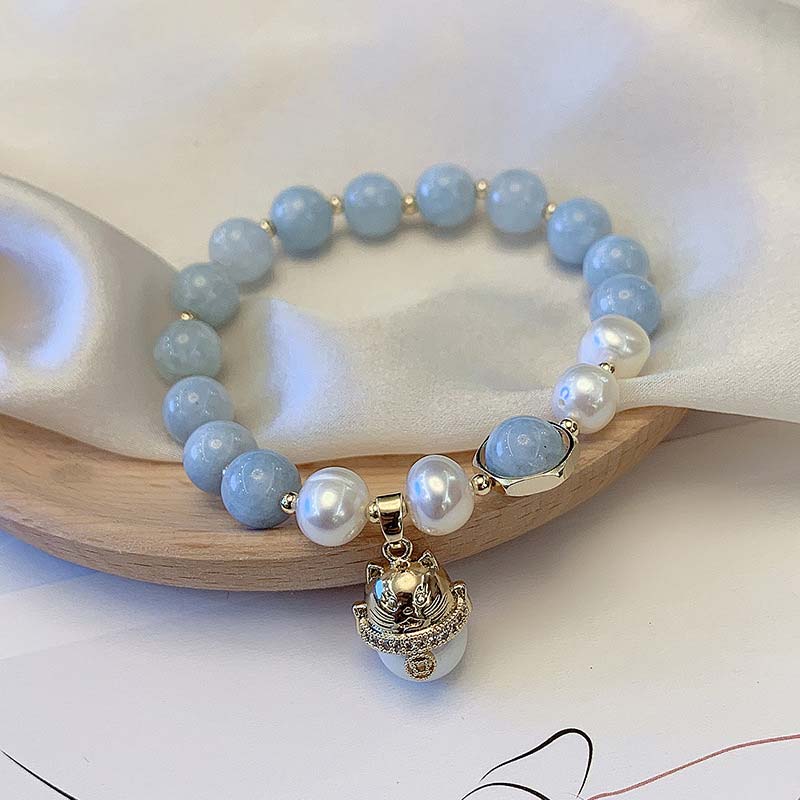 Wear FengShui Aquamarine Pearl Peace Healing Lucky Cat Charm Bracelet