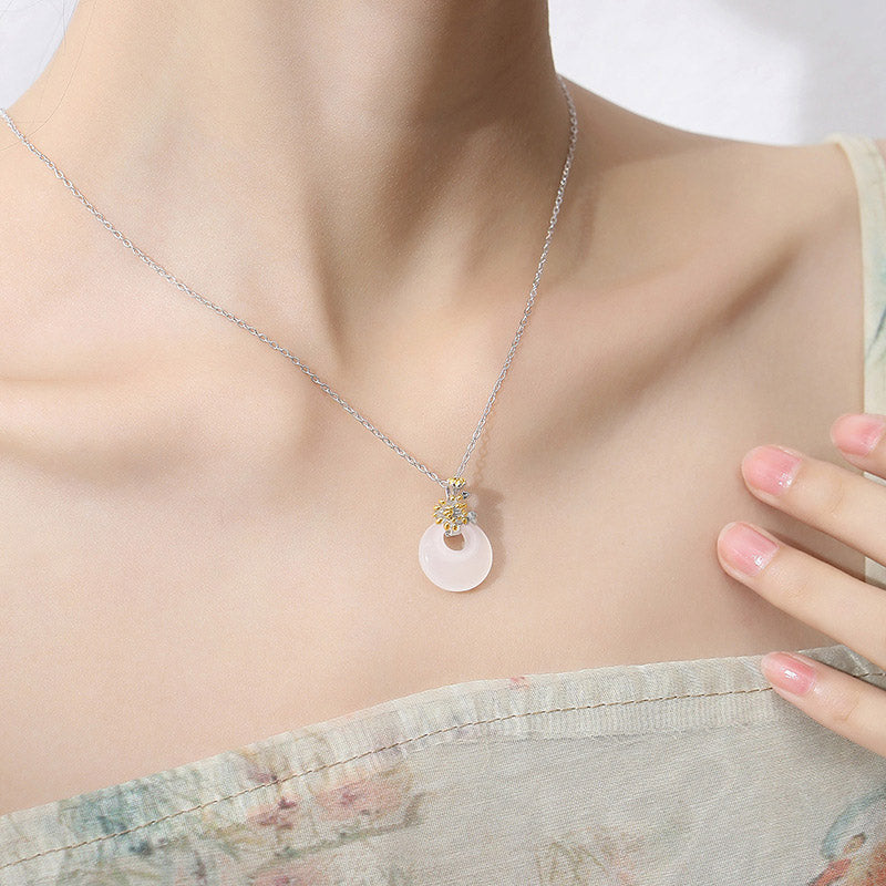 Wear FengShui 925 Sterling Silver Round Chalcedony Twelve Months Flower Harmony Necklace Pendant