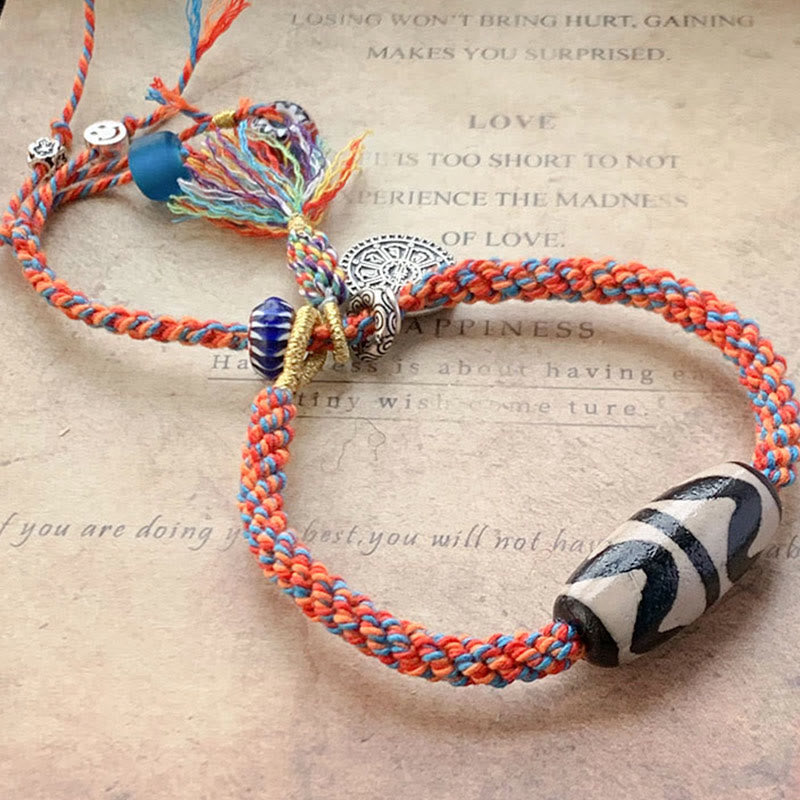 Wear FengShui Tibetan 925 Sterling Silver Om Mani Padme Hum Handmade Dzi Bead Protection Braid Bracelet
