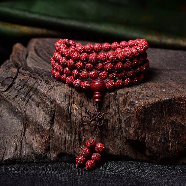 Wear FengShui 108 Mala Beads Cinnabar Om Mani Padme Hum Pattern Engraved Blessing Bracelet