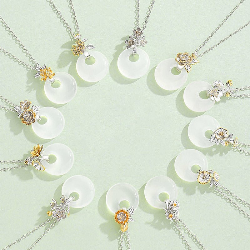 Wear FengShui 925 Sterling Silver Round Chalcedony Twelve Months Flower Harmony Necklace Pendant