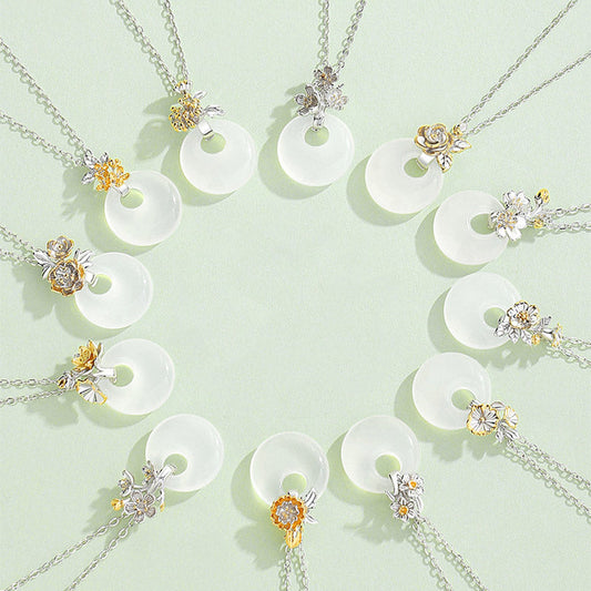 Wear FengShui 925 Sterling Silver Round Chalcedony Twelve Months Flower Harmony Necklace Pendant