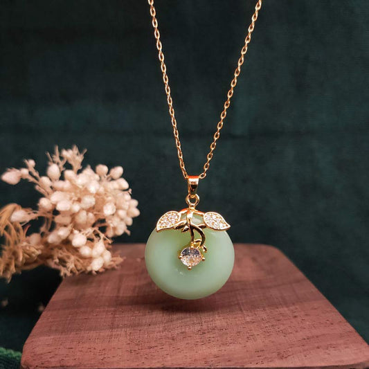 Wear FengShui Round Jade Leaf Blessing Fortune Necklace Chain Pendant